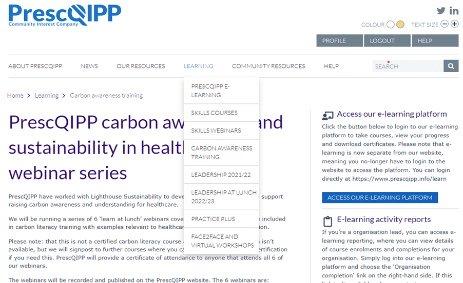 PrescQIPP carbon awareness webinar page